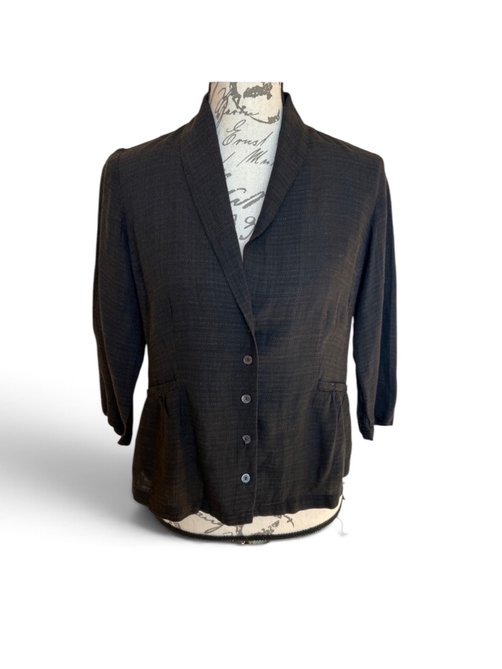 Eileen Fisher Black Linen Blend Textured Button-Front Shawl Collar Jacket Sz XS